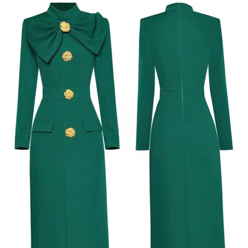 JAMERARY Autumn Winter Dress For Women Fashion Golden Button Pearl Vintage Black Bow Long Sleeve Midi Woolen Dresses