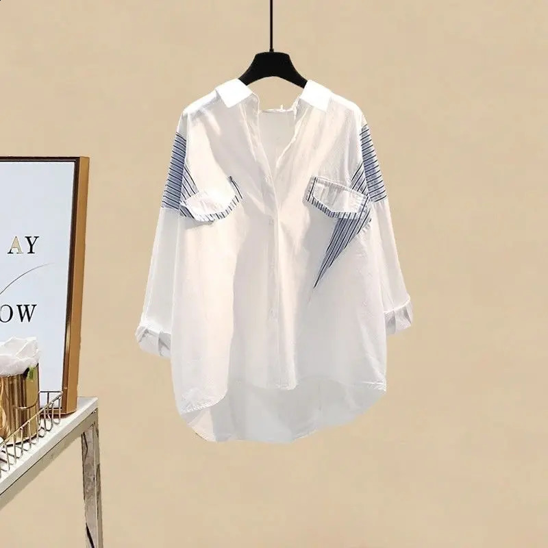 Spring Summer Striped Patchwork White Shirt Blouse Love Denim Shorts Personality Vest Three-piece Elegant Womens Shorts Set 240325