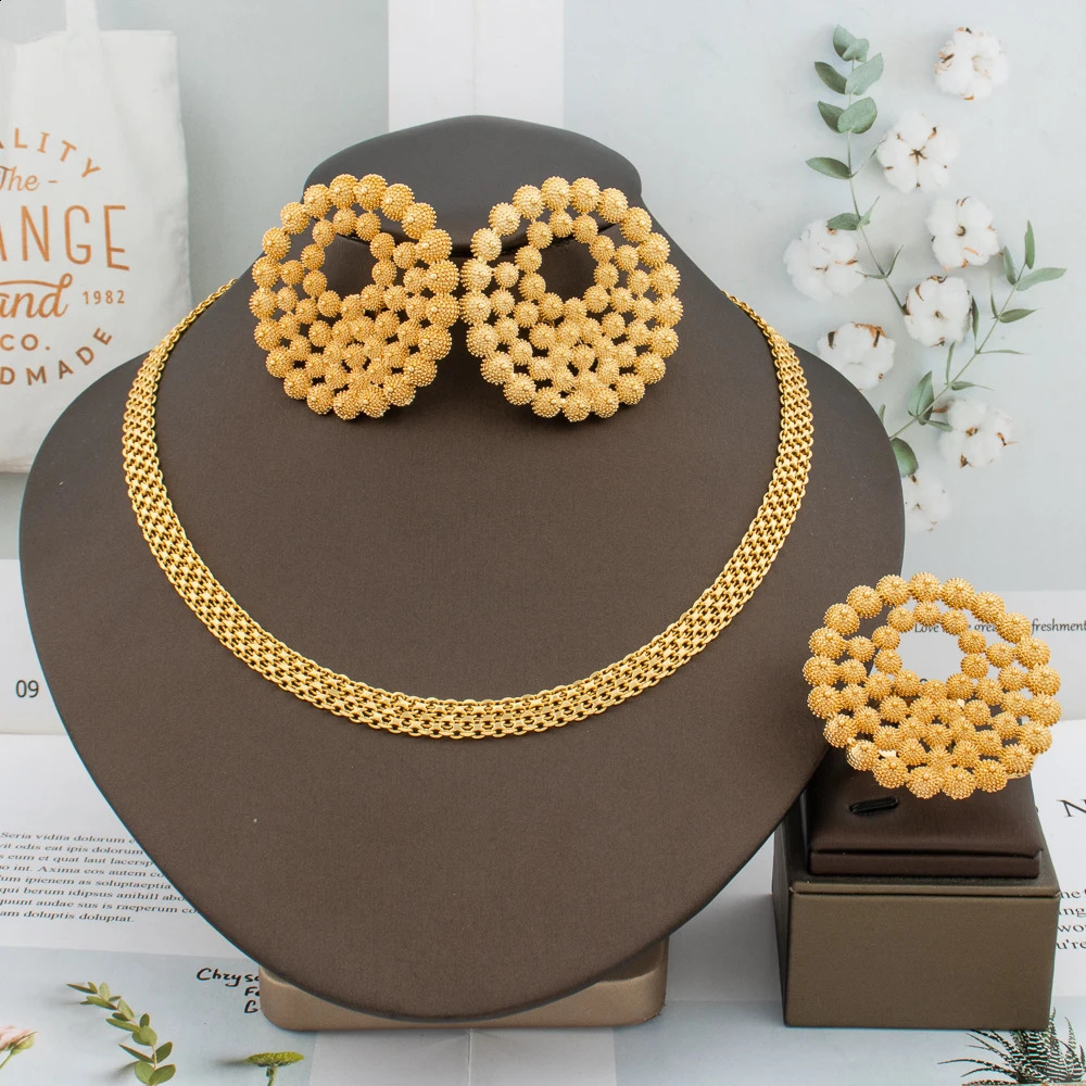 Handmade Big Earrings Ring Set 18K Gold Plated Dubai Chain Wedding Jewelry Bridal Accessory Arab Turkis Earrings Women 241105