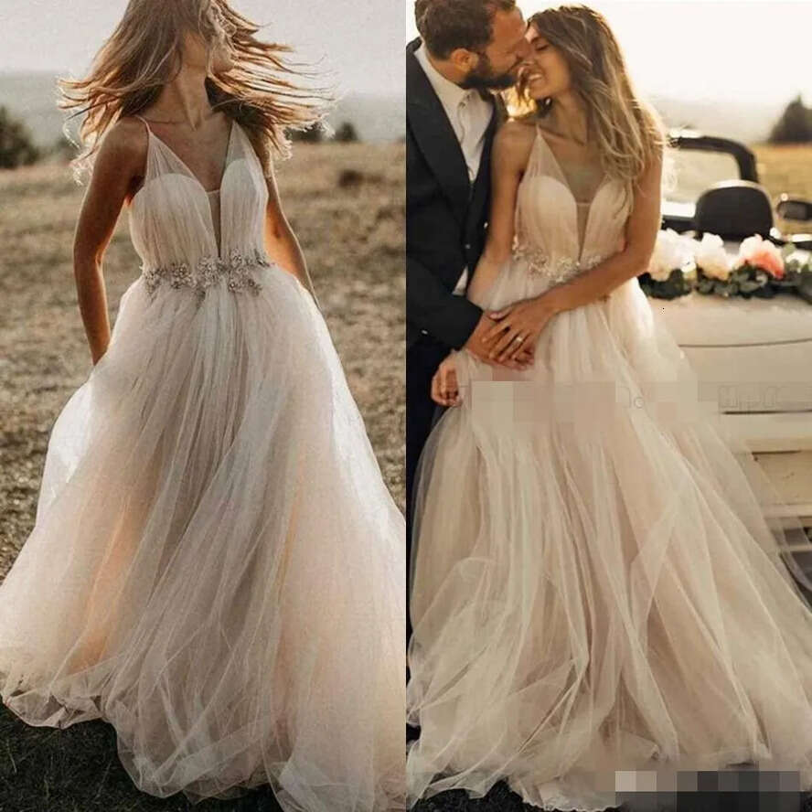 Beach Newest Dresses V Neck Spaghetti Strpas Tulle Beads Crystal Or Length Country Wedding Gowns Vestido De Novia Estido