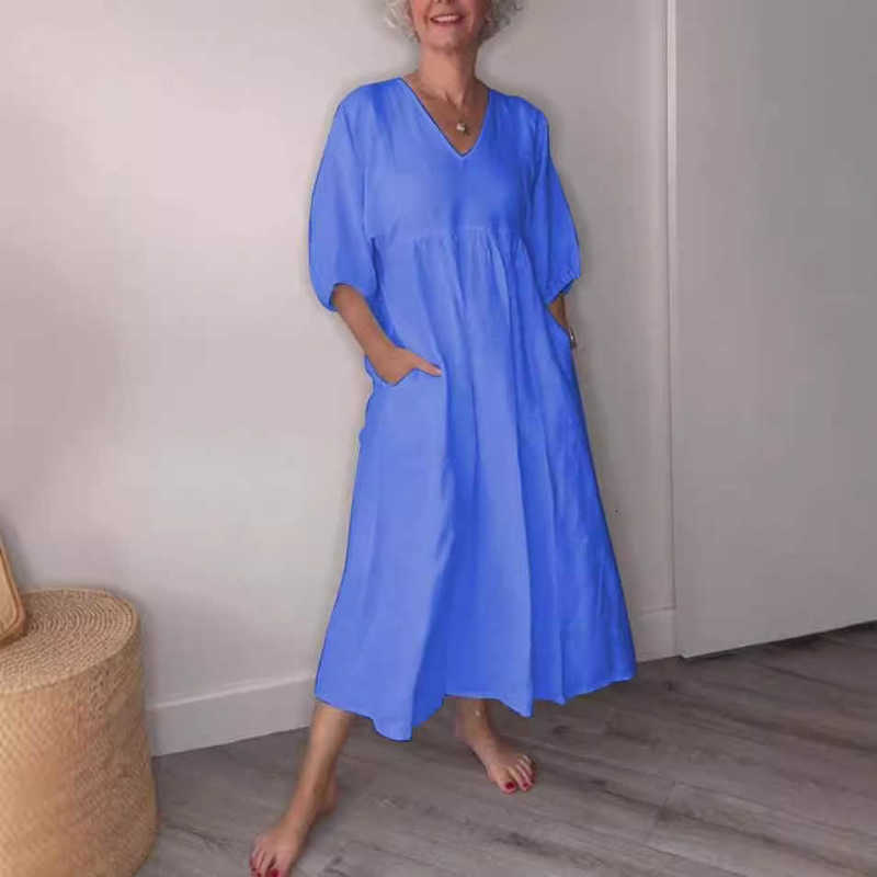 Women Dresses Autumn women's cotton linen deep V-neck pleated solid color casual pocket dress