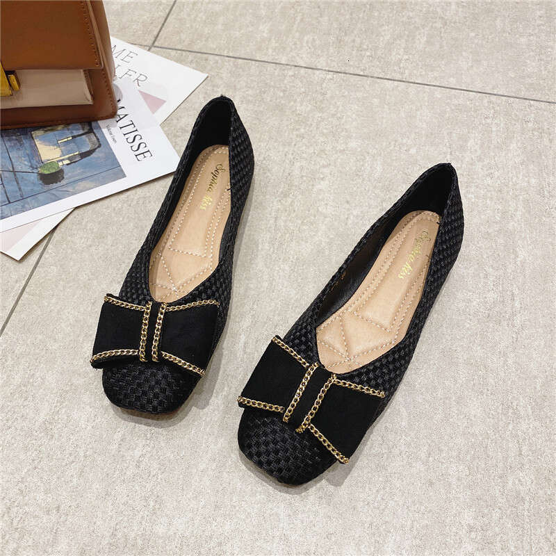 Korean Version Flat Bottomed Single Women's Summer Versatile Square Toe 2023 New Spring Woven Surface Soft Sole Shallow Mouth Comfortable Scoop S