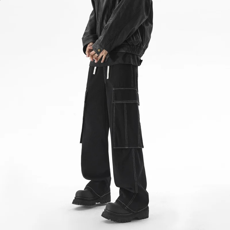 Autumn Big Pocket Trendy Mens Jeans Baggy Straight Denim Trousers Blue Black Elastic Waist Fashion Casual Wide Legs Pants 241105