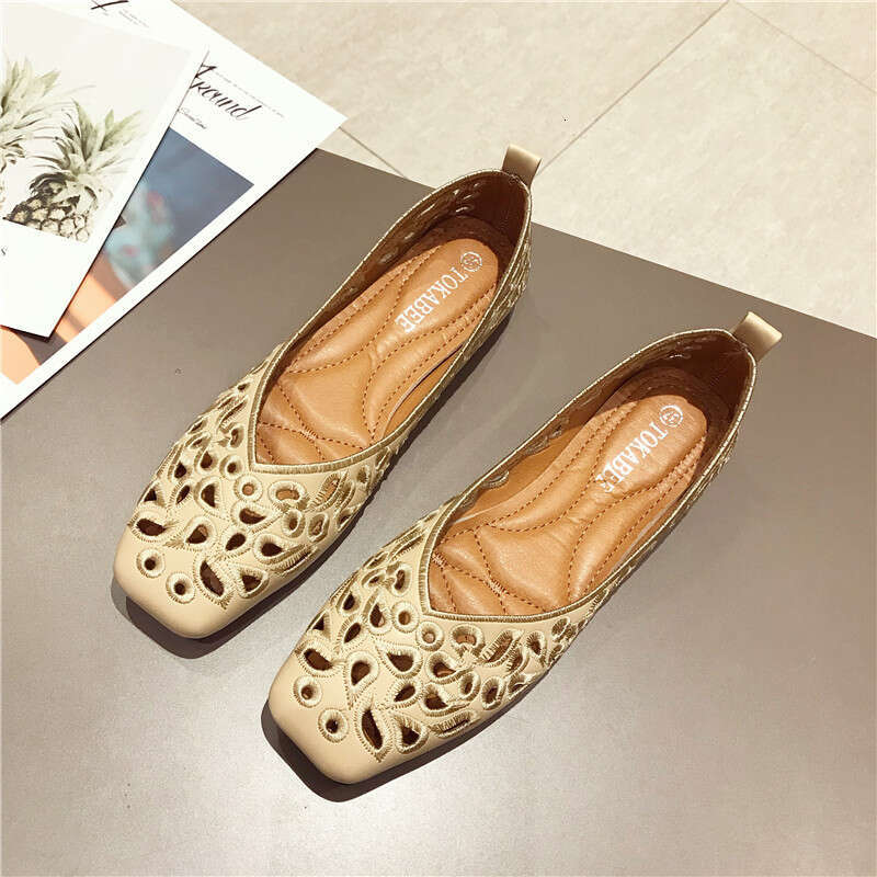 Summer Sandals, Hollowed Out Fashionable Work Black Women's Shoes, Flat Sole, Single Shoe, Hole, Simple Square Toe Shoes