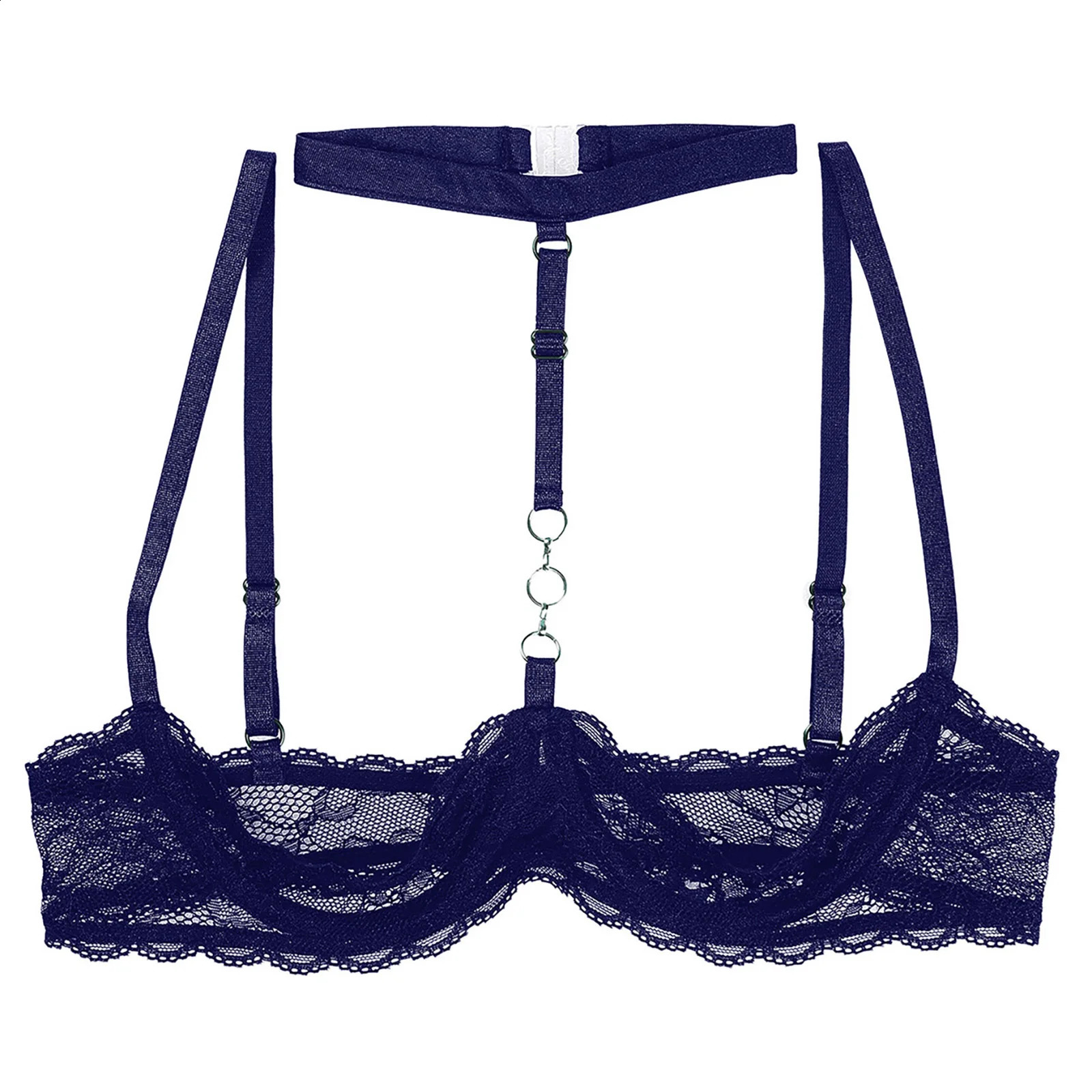 Womens Lingerie Adjustable Spaghetti Straps Push Up Sheer Lace Bra Tops Open Breast Exposed Halter Neck O Ring Brassiere 241105