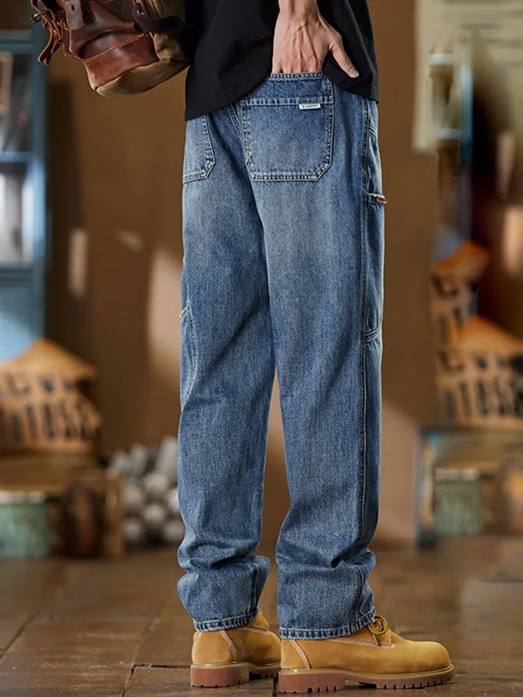 Korean Mens Casual Simplicity Solid Color Blue Long Loose Jeans Classic Male Straight Denim Wideleg Baggy Streetwear Pants 241105