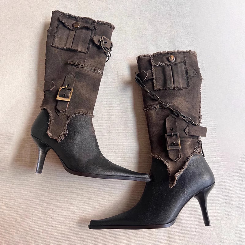 Autumn Detachable Retro Pointed Buckle Cowboy Boots.