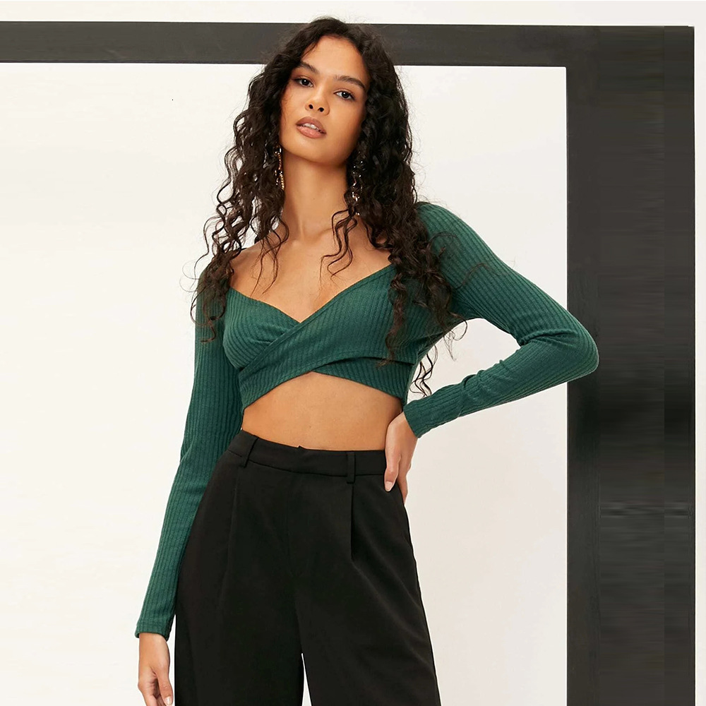 Spring Summer Ins Sexy Umbilical V-Neck Top Women's Solid Color Versatile Slimming Bottom Knitted T-Shirt