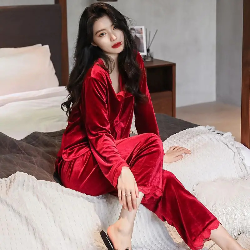 Long-sleeved Sexy Lace Plus Size V-neck Nightwear Homewear Pajamas Female Fall And Winter Cardigan Suit Spring Velvet 241105
