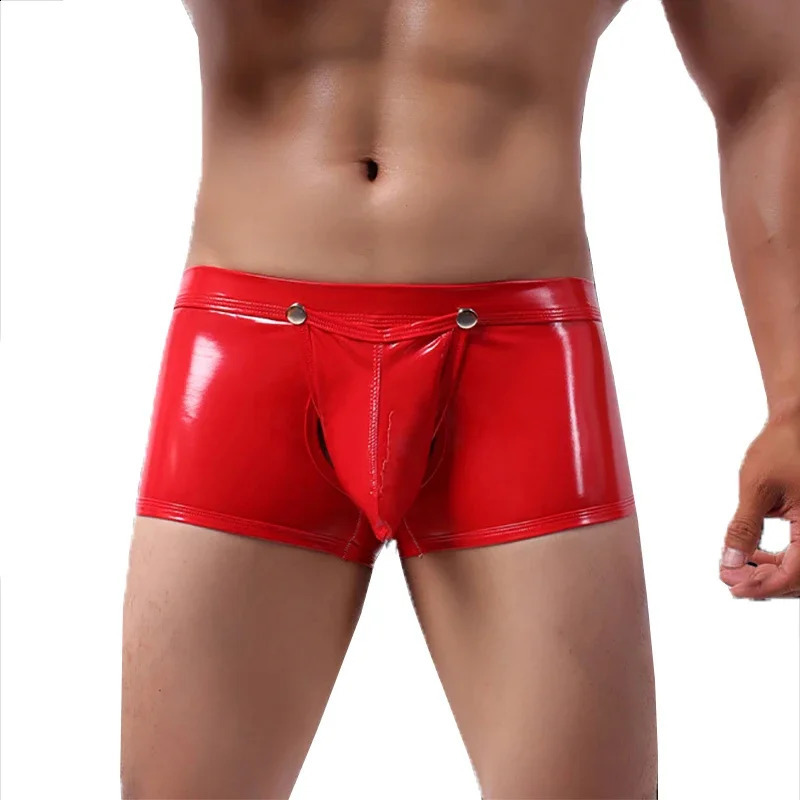 Exotic Mens Boxer Shorts PU Leather Button Open Crotch Boxershorts Trunks Clubwear Latex Underwear Nightclub Fetish Gay Panties 241105