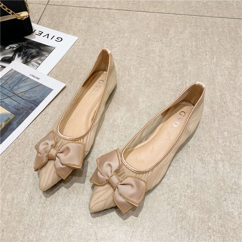 2023 Summer New Korean Butterfly Bow Decoration Shallow Mouth Pointed Soft Bottom Bean Mesh Breathable Flat Shoes For Women
