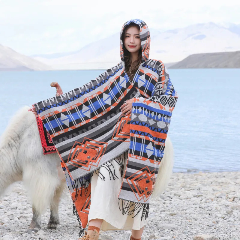 WeHelloAutumn and Winter Shawl Womens Cashmere Warm Bohemian Ethnic Style Hat Cloak Travel 241105