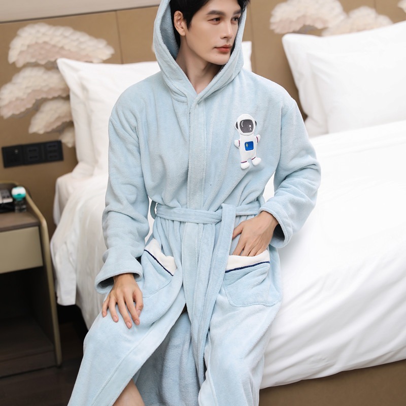 New designer coral fleece pamas men's autumn and winter, thick and elongated hat, winter warm and absorbent yukata, men's and women's b
