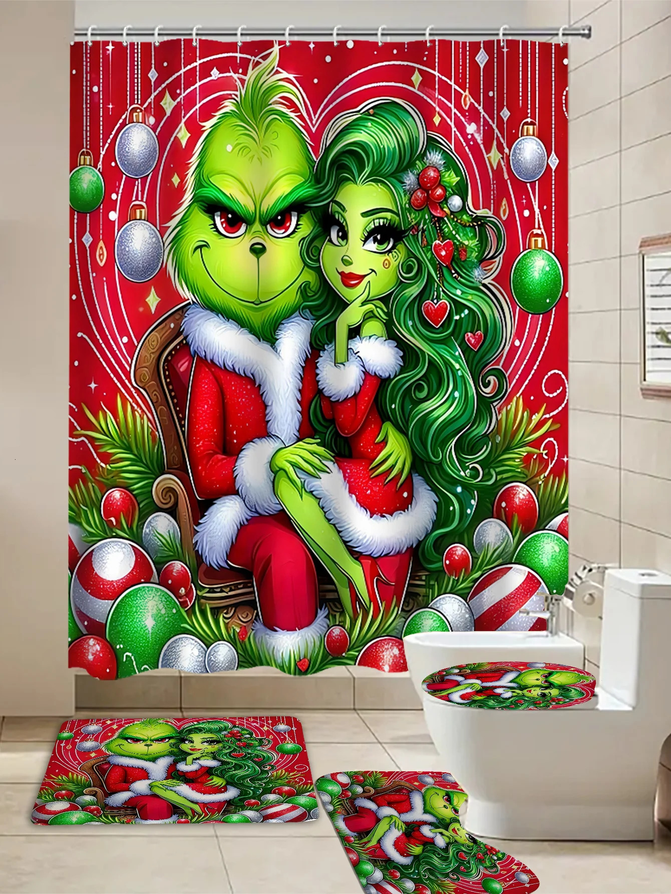 Merry Christmas Cartoon Shower Curtain Witch Bath Sets Waterproof Non-Slip Bathroom Rug Toilet U With 12 Hooks Home Deco 241104