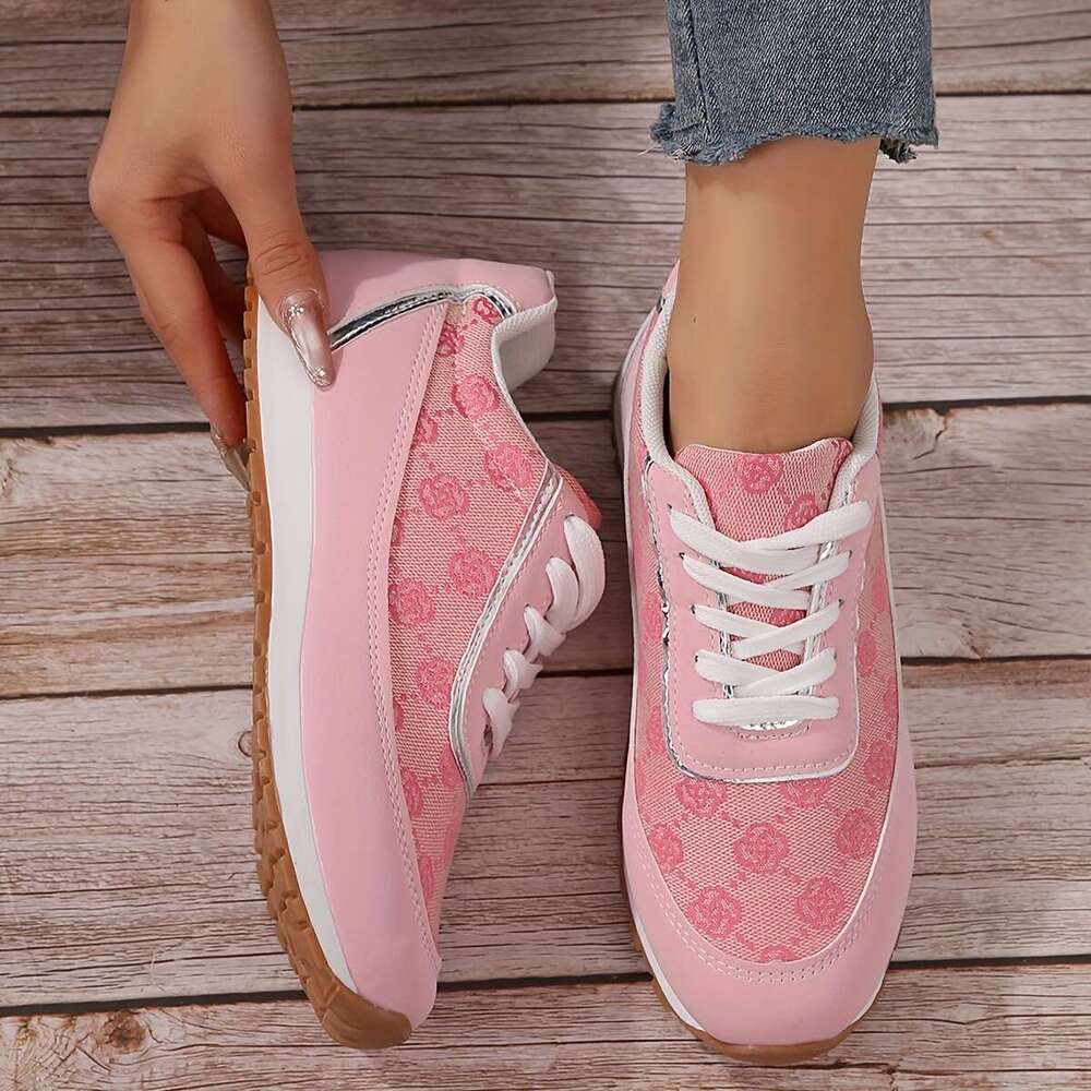 Rose Pattern Low Top Sneakers Breathable, Lace Up, Round Toe, Rubber Sole, Mesh Inner, Fabric Insole - All-Season, Casual, Outdoor Walking Shoes for W