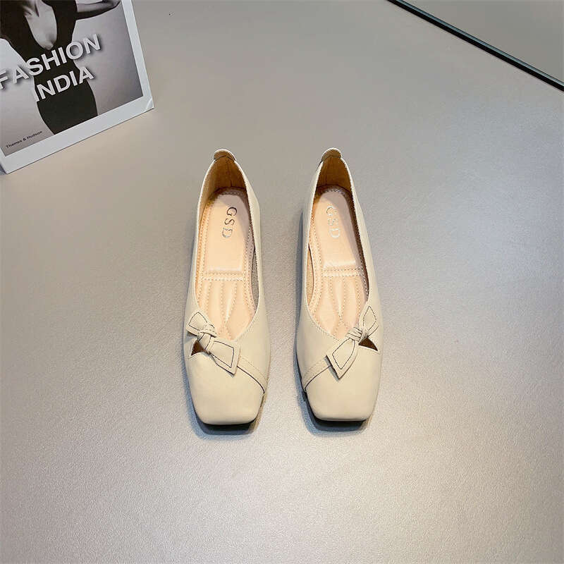 Gentle Style Shallow Mouth Single Shoe Women's Korean Version Spring And Summer New Item Bow Versatile Soft Sole Square Toe Flat Bottom French Sc