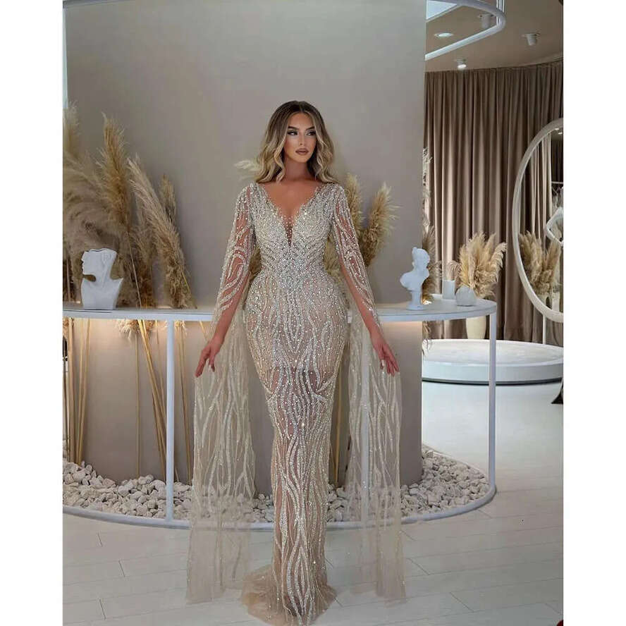 Long Sleeves V Neck Glamorous Dresses Mermaid Wedding Shining Applicants Beads Or Length Backless Custom Made Plus Size Bridal Gown Vestidos De Novia