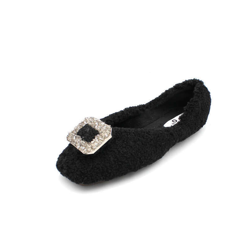 Add Fluffy Fur Women In And Winter, Low Cut Black Flat Heeled Women, One Foot For Autumn Outdoor Wear, Pointed Square Toe Bean Shoes