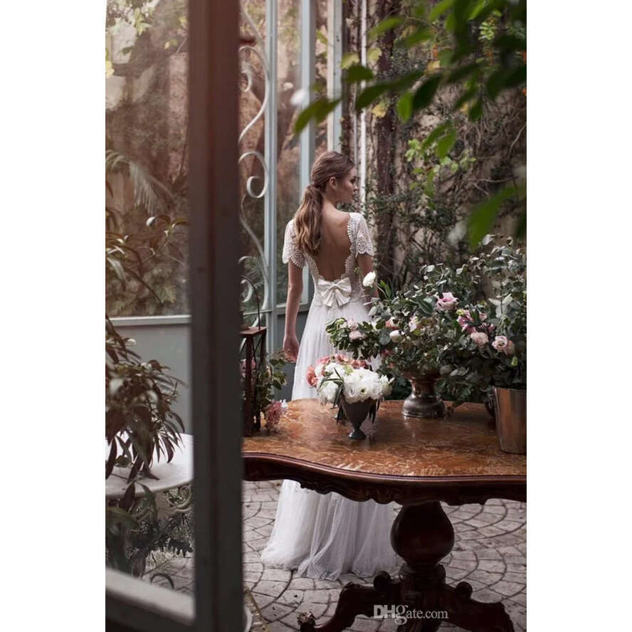 Asaf Dadush Dresses Bohemian V Neck Short Sleeve Lace Appliqued Wedding Dress A E Beach Garden Bridal Gowns Robe De Mariee