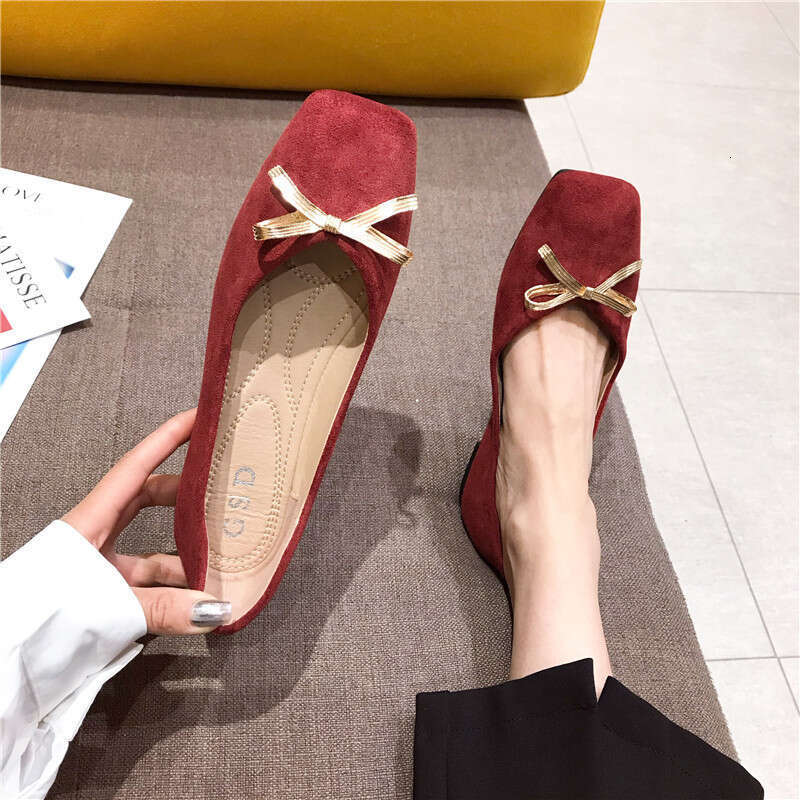 2023 Korean Edition New Solid Color Versatile Daily Red Toast Dress Heel Suede Square Head Shallow Mouth Soft Bottom Flat Shoes