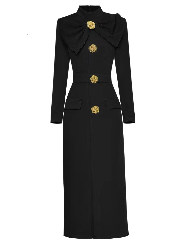 JAMERARY Autumn Winter Dress For Women Fashion Golden Button Pearl Vintage Black Bow Long Sleeve Midi Woolen Dresses