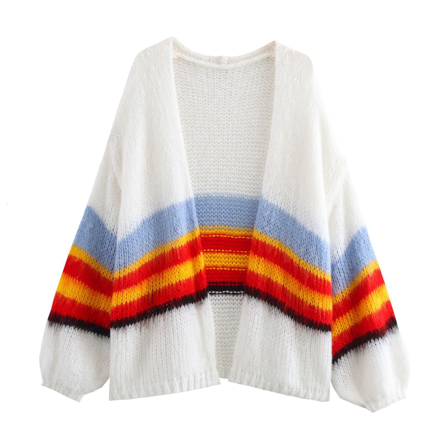 Rainbow Striped Short Versatile Yarn Knit Loose And Lazy Cardigan Jacket For Women Wearing Sweaters Outside