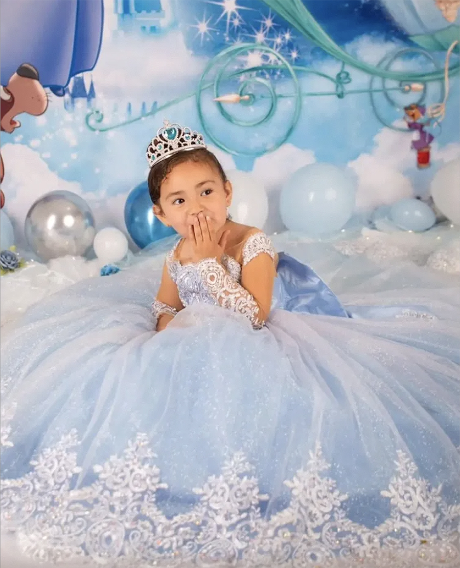 Princess Blue Flower Girl Dresses With Big Bow Sash A Line Crew Neck Sheer Sleeves Appliques Sequins Long Toddler Teens Pageant Party Gowns 0509