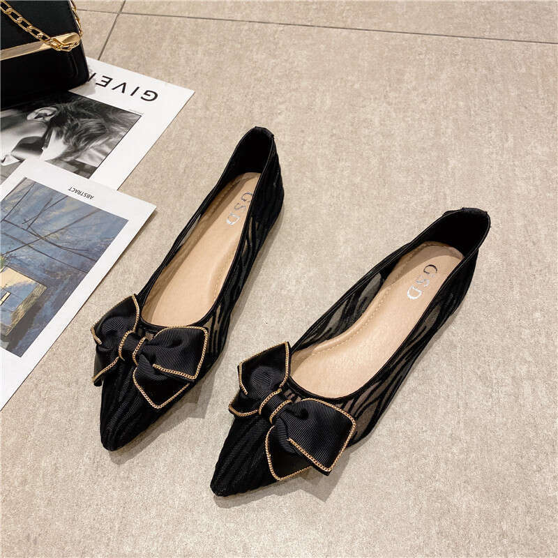 2023 Summer New Korean Butterfly Bow Decoration Shallow Mouth Pointed Soft Bottom Bean Mesh Breathable Flat Shoes For Women