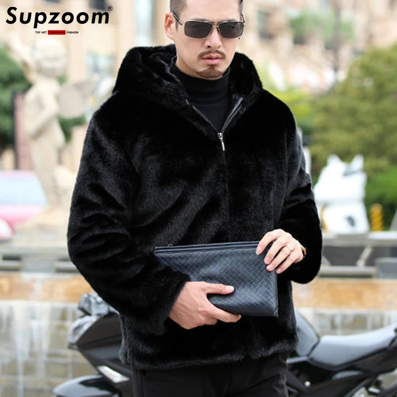 Supzoom Arrival Top Fashion Winter Warm Flowing Gold Mink Sheep Sheared Fur Zipper Mens Solid Hooded Jacket 241104