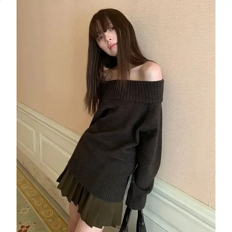 Deeptown Vintage Japanese Style Sweater Women Solid Sexy Off Shoulder Knitwear Y2k Long Sleeve Jumper Slash Neck Causal Harajuku 241105