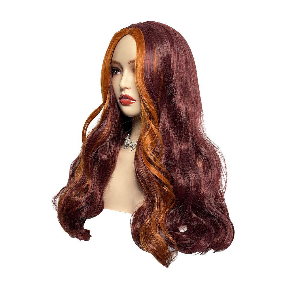 Wig women long curly orange wine red wig simulation scalp big wave wig full head set