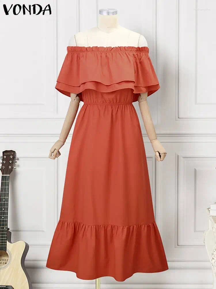 Casual Dresses VONDA Bohemian Women Off Shoulder Maxi Sundress Summer Long Dress 2024 Sexy Short Sleeve Ruffled Robe Party Solid Vestido