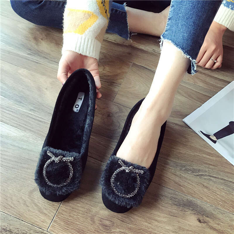 2023 Autumn Winter Versatile Shallow Mouth Velvet Sole Single For Women, Hairy With Flat Heels And Bean Shoes, Women's Cotton Scoop Shoes