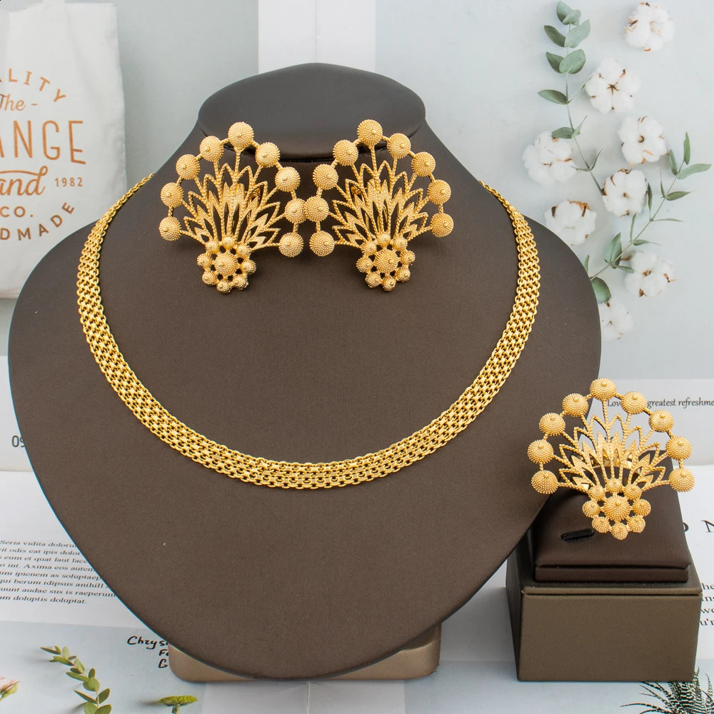 Handmade Big Earrings Ring Set 18K Gold Plated Dubai Chain Wedding Jewelry Bridal Accessory Arab Turkis Earrings Women 241105