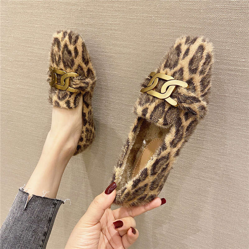 Hairy Women, 2023 Autumn Winter New Item, Wearing Warm And Velvet On One Foot, Bean Shoes, Leopard Print Mink Fur Cotton Shoes For Women
