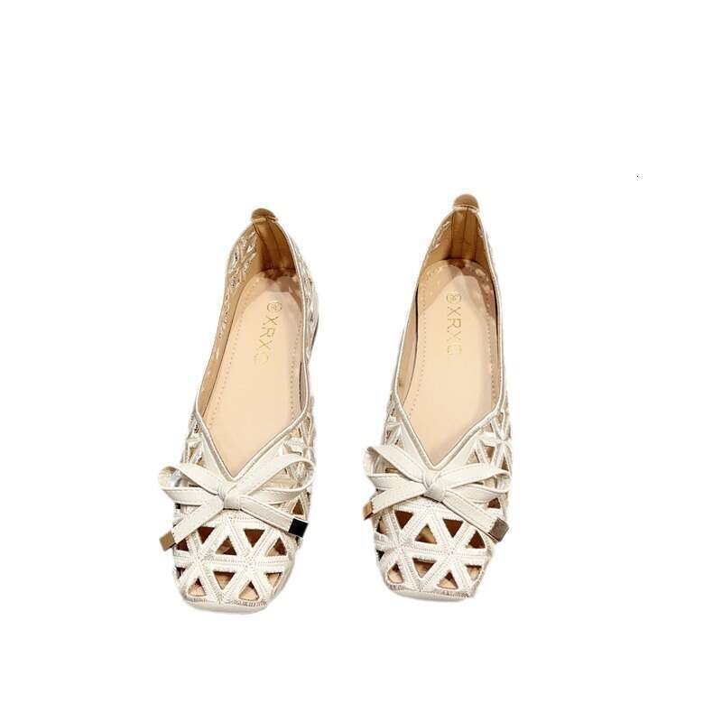 Breathable Hollowed Out Single Shoe Women's Summer Korean Version New Versatile Butterfly Bow Soft Sole Square Shallow Mouth Low Heel Toe Sandals