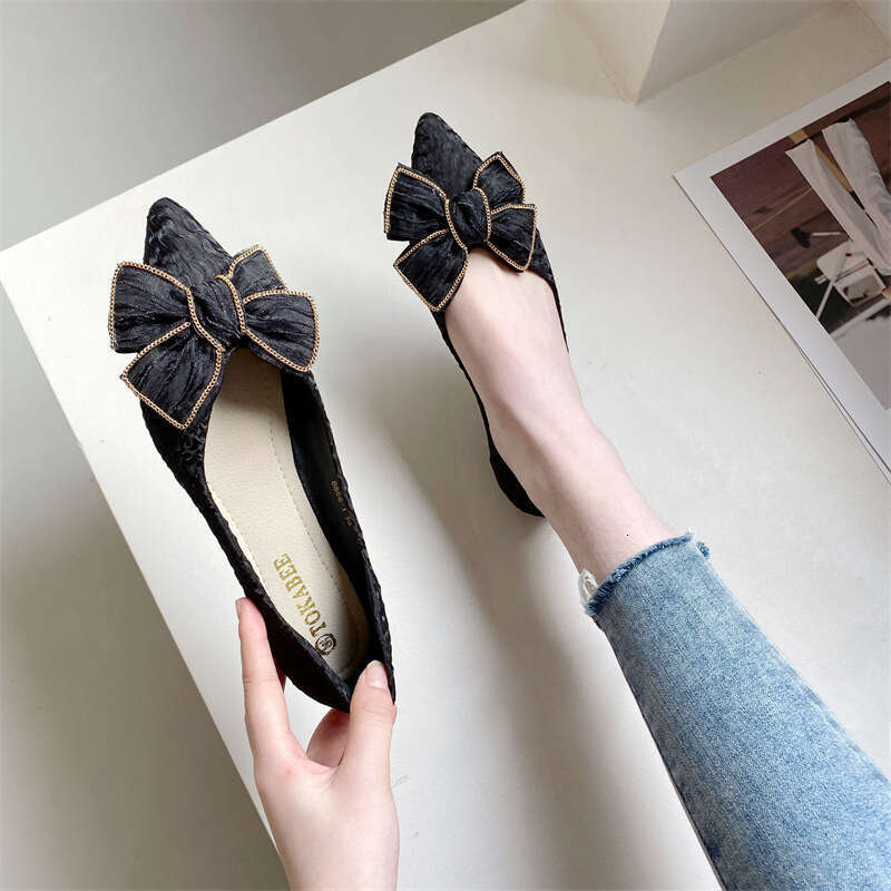 Sharp Soft Soled Scoop 2023 New Korean Style Butterfly Bow Shallow Mouth Pointed Fabric Flat Sole Single Shoes For Women