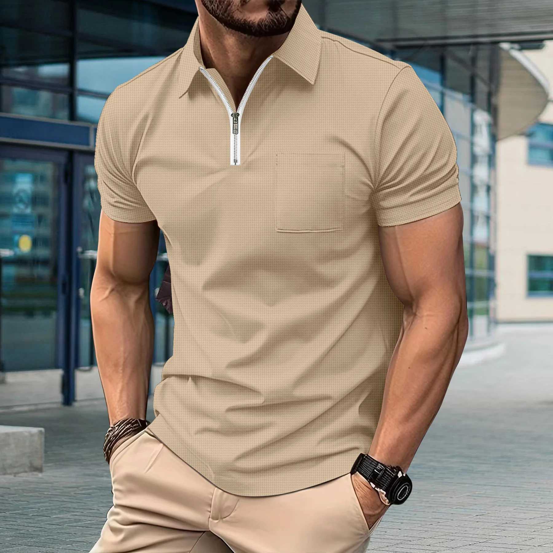 Mens casual cotton lapel new fashion sports solid color zipper front shirt pocket decoration W241104