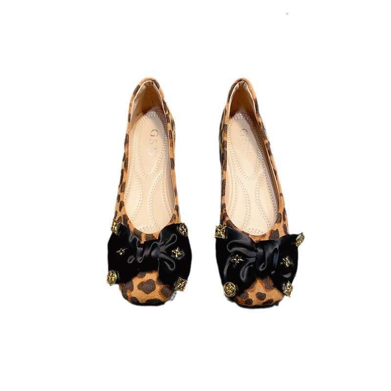 Leopard Print Single Women's Korean Version Fashion New Item Rivet Bow Versatile Shallow Mouth Comfortable Soft Sole Square Toe Flat Bottomed Sco