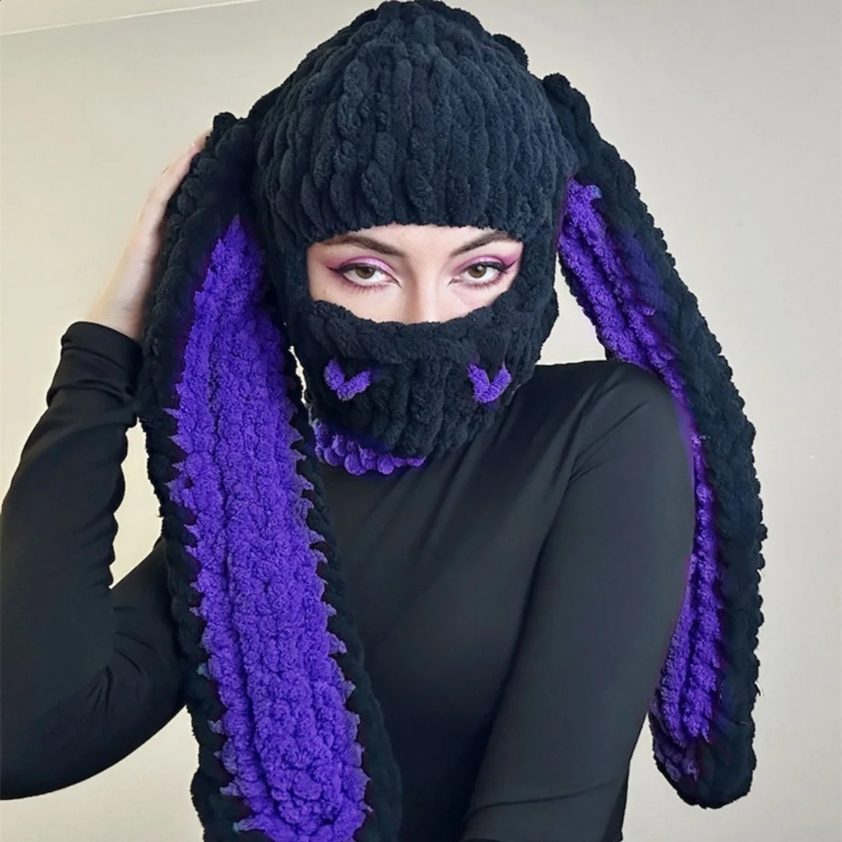 Ladies Big Rabbit Ears Hat with Thick Velvet Warmth Headset Cute Knitted Wool Daily Leisure Party 241105