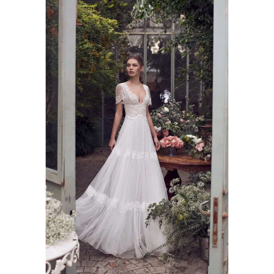 Asaf Dadush Dresses Bohemian V Neck Short Sleeve Lace Appliqued Wedding Dress A E Beach Garden Bridal Gowns Robe De Mariee