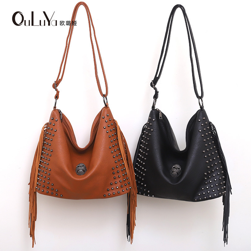 New designer casual soft leather rivet tassel large capacity skull head single shoulder diagonal large bag women's bag trendy fashion bag