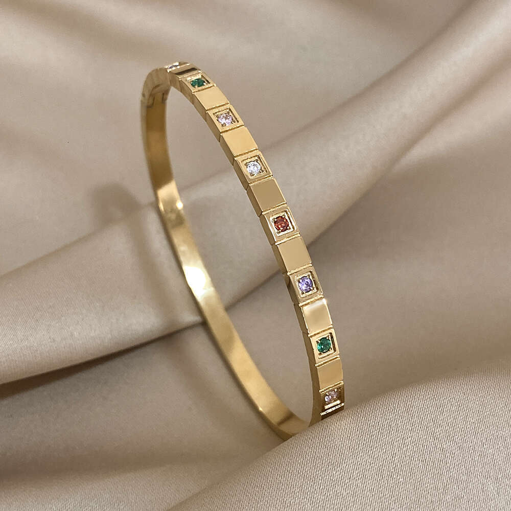 Stainless Chic 316L Fashion Jewelry Hot New Steel Bracelets for Women Romantic Inlaid Colorful Zircon Block Gold Plated Cuff Bangle Charm Jewelry Gift