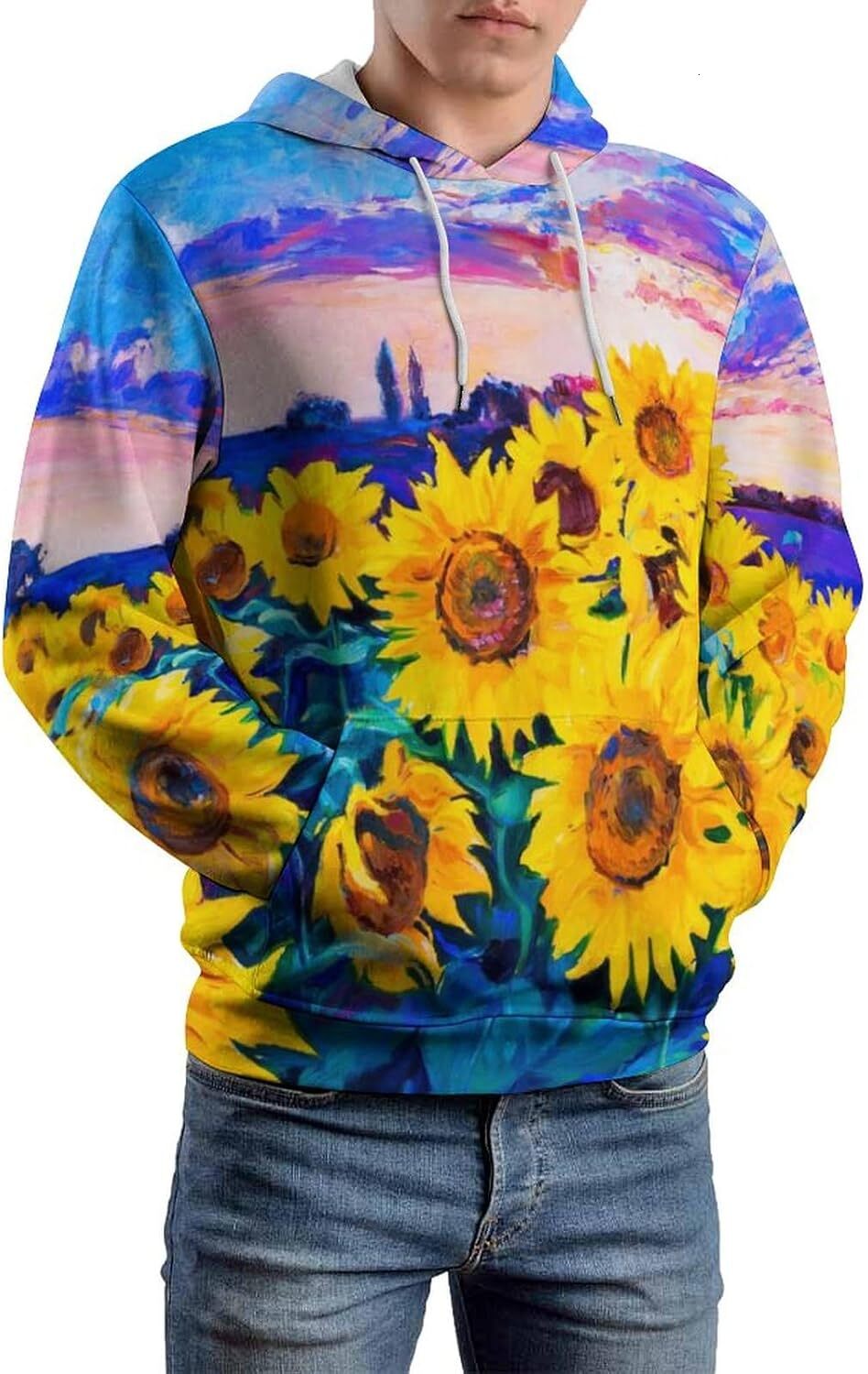 Hoodie for Mens Womens Original Oil Painting Sunflower Hoodies for Men 3D Print Pullover Hooded Drawstring Loose Sweatshirt with Big Pockets Graphic c