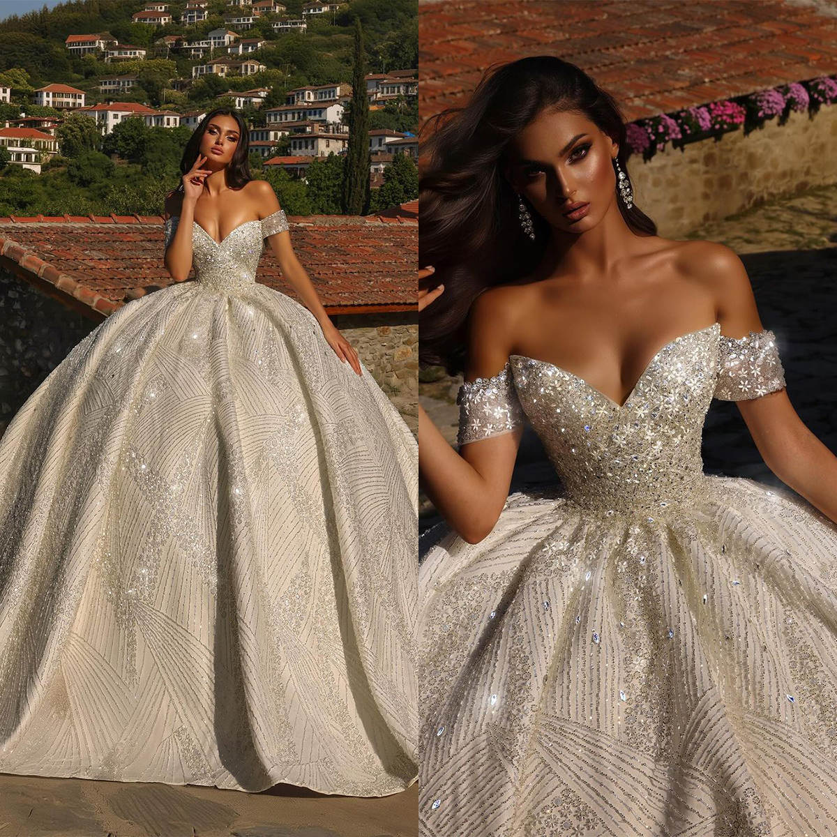 Wedding Dresses Sequins Crystal Bride Ball Gown Off Shoulder Princess Bridal Dress Short Sleeves Customized Vestidos De Novia