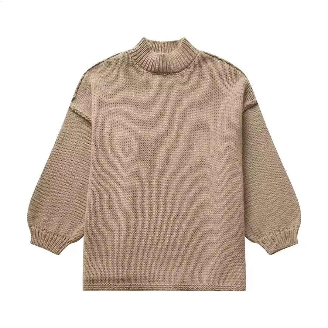 Fashion round neck knitted womens jumper autumn long lantern sleeve sweater womens high street warm womens fashion zipper 241105