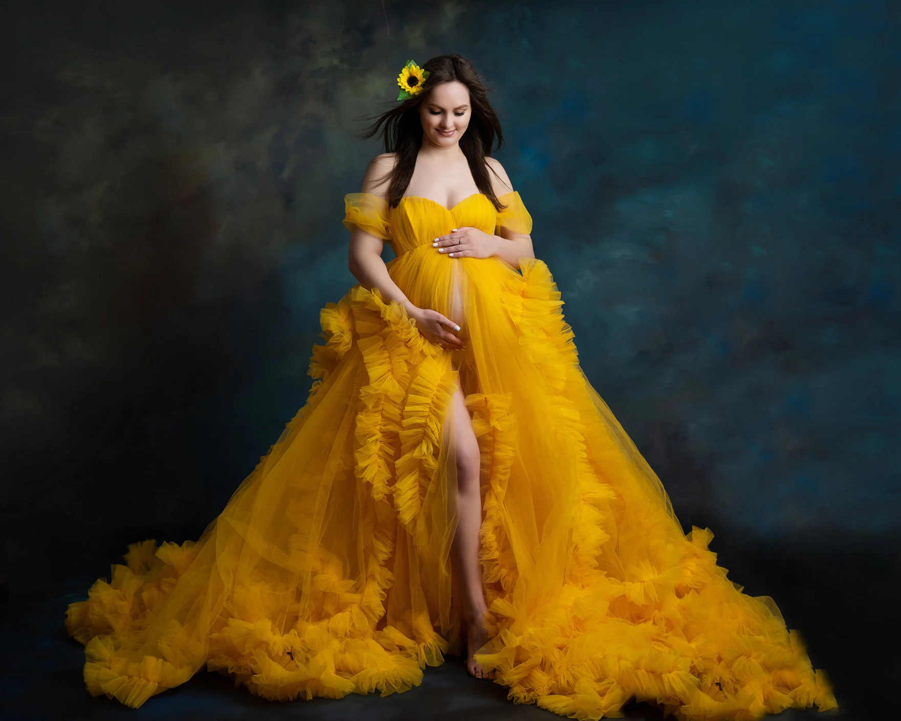 Puffy Women Bathrobe Ruffles Off Shoulder Maternity Dresses Pregnant High Split Tulle Robe Customized Evening Dress