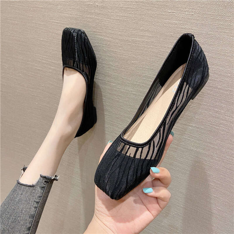 Korean Version Fairy Style Simple Mesh Breathable Shallow Mouth Square Toe Flat Shoes 2023 New Soft Sole Versatile Summer Sandals