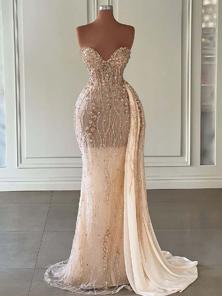 Graceful Strapless Prom Dresses Mermaid Sleeveless Crystal Evening Gowns Sequined Lace Side Train Customized Formal Party Dress