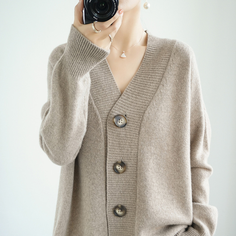 Autumn And Winter New Solid Color V Neck Knitted Cardigan For Women Lazy Style Loose Large Size Simple Sweater Coat Outer Top F1105#42